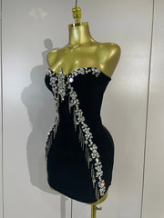 Envious Designs Kiera sexy strapless diamond chain black backless bodycon bandage mini dress for birthday and nightclub styling