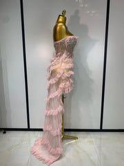 Shannon Sexy Strapless Pink Diamonds Ruffled Mesh See Through Birthday Dress