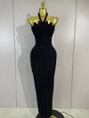 Look elegant in the Bianca black beaded scalloped halter bandage maxi dress. Perfect for weddings, cocktail parties, galas, and evening events.