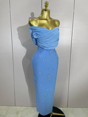 Crissy Crystal sexy off-the-shoulder bodycon bandage long dress with sparkling rhinestone details.
