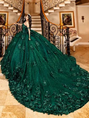 Emerald Green Glitter Quinceañera Dress with 3D Flowers & Pearls