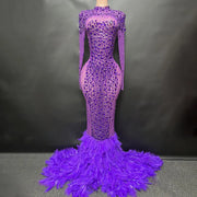 Sparkling feather long prom dress with rhinestones and elegant evening gown design.