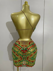 Luxury color rhinestone mesh mini dress with sparkling crystals for birthday, DJ, or club wear.