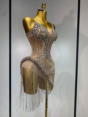 Simone sparkly rhinestones fringe mesh mini dress, women’s see-through birthday party and nightclub evening outfit.