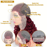 Burgundy water wave human hair wig – 13x6 HD lace front 200% density wig in 28, 30, 38 inch lengths, full natural human hair