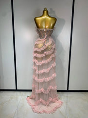 Shannon Sexy Strapless Pink Diamonds Ruffled Mesh See Through Birthday Dress