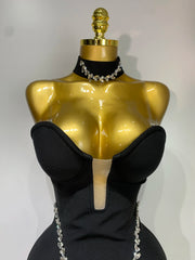 Jamilah strapless mini bodycon dress with rhinestone chain detailing and backless design for women’s birthday or evening parties.