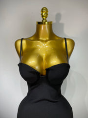 Patricia backless halter black midi bandage dress for women. Elegant bodycon outfit for cocktails, parties, and evening events.