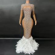 Sparkling feather long prom dress with rhinestones and elegant evening gown design.