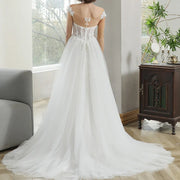 Scoop Illusion Button Ball Gown Wedding Dress