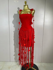 Red strapless long bandage dress with tassel details for women’s party, birthday, and evening wear.
