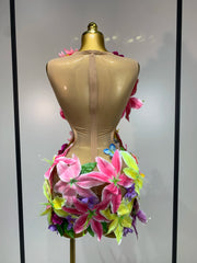 Envious Designs Samantha colorful flowers sleeveless sexy mesh see through mini dress for birthday party styling