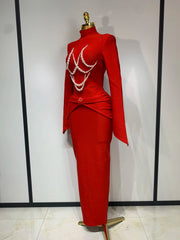 Gina black and red long sleeve bodycon bandage dress featuring elegant pearl beading