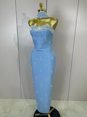 Carole strapless diamond bandage maxi dress with bead scarf. Elegant bodycon fit for prom, parties, birthdays, and luxury evening club wear.