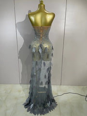 Saniyah silver diamond leaf strapless mesh see-through long dress for evening gala styling