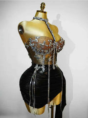black 2 Piece sets Sequin Dress Crystal Tassel Sexy Club Stage Performance Celebrate Birthday Party Dance Clothing