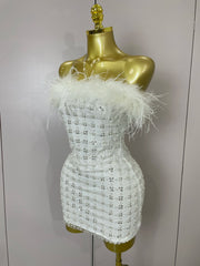  Carmina white feather sequin strapless bodycon mini dress. Perfect for birthdays, bridal parties, cocktails, and special events.