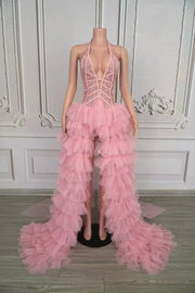 Tiana pink sheer rhinestone prom dress with deep V-neck and sparkling details.