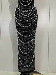 Candace elegant beaded diamond mesh sleeveless bodycon long dress for women’s evening or birthday celebrations.