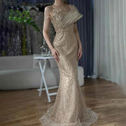 Champagne Radiance Crystal Mermaid Gown With Architectural Satin Drapery And Starburst Bodice