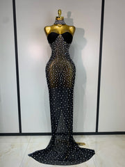 Rhinestone transparent mesh maxi dress with long elegant silhouette