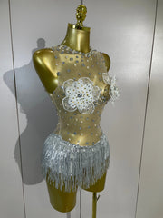 Alessia sparkly rhinestone flower bodysuit featuring decorative tassel accents