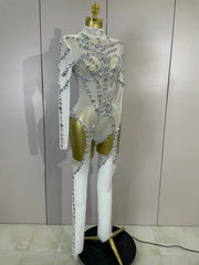 Grace sparkly diamond sequin long sleeve mesh see-through jumpsuit for nightclub and stage performance styling