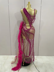 Sparkly sequin mesh see-through long tail dress for women – evening, prom, wedding, birthday, nightclub, stage outfit