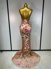 Zainab 3D flower halter sheer mesh maxi dress with floral embellishments