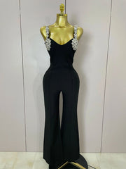 Renee shining diamond V-neck sleeveless bandage jumpsuit for women’s birthday, evening party, and nightclub wear