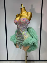 Gwen sexy strapless backless mesh dress with green diamond crystals
