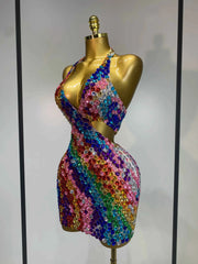 Megan Halter Colorful Diamonds Backless Mini Dresses