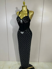 Joyce rhinestone pearl halter bandage maxi dress with backless bodycon silhouette