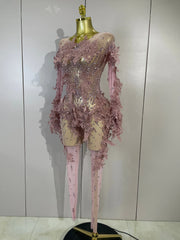 Envious Designs Alicia luxury embroidery sexy long sleeves mesh stretch jumpsuit with sparkly diamond detailing