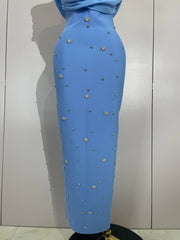Crissy Crystal sexy off-the-shoulder bodycon bandage long dress with sparkling rhinestone details.