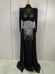 Dana Black diamond embellished mesh abaya maxi dress with long sleeves