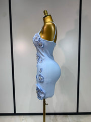Zara square neck beaded bandage mini dress with rhinestone flower embellishment