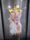Arabella sequin one-shoulder feather bodycon mini dress with a sparkling finish and glamorous party-ready silhouette
