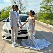 Sheer neck silver crystal mermaid prom dress elegant evening gown.