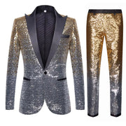 Men’s glitter ombre sequin blazer and pants set displayed for party or stage wear