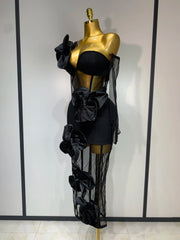 Diana black one-shoulder bow mesh bodycon dress with gloves, elegant women’s birthday and party outfit
