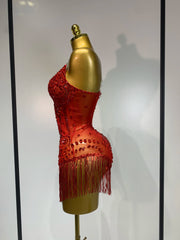 Envious Designs Sharmaine sparkly rhinestone tassel bodysuit sexy birthday dress for birthday and nightclub styling