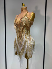 Mannequin Wearing a Luxury Rhinestone Tassel Sexy Sparkly Birthday Dress with Crystal Fringe and Bodycon Silhouette, Styled for Glamorous Celebrations
