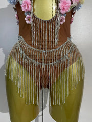 Clarice colorful floral diamond chain mesh bodysuit with luxury embellishments and fitted silhouette