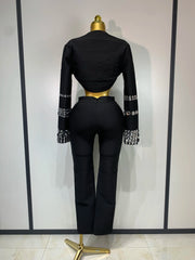 Jill Sexy Long Sleeve Beaded Black Bodycon Bandage Three-Piece Set