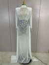 Dana white diamond mesh abaya maxi dress for women. Elegant luxury gown for weddings, birthdays, and evening parties.