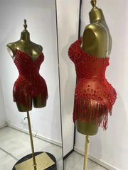 Bridgette Red Rhinestone Tassel Mesh Bodysuit for Women