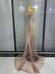 Envious Designs Mandie sexy strapless shining rhinestone mesh see-through floor-length mermaid dress for evening gala styling