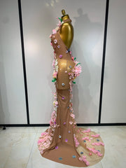 Zainab 3D flower halter sheer mesh maxi dress with floral embellishments