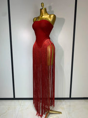 Kendra strapless tassel patchwork bandage bodysuit for women, sexy high street evening party and nightclub style outfit.